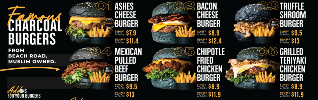 ASHES BURNNIT FAMOUS CHARCOAL BURGERS MENU WITH PRICES