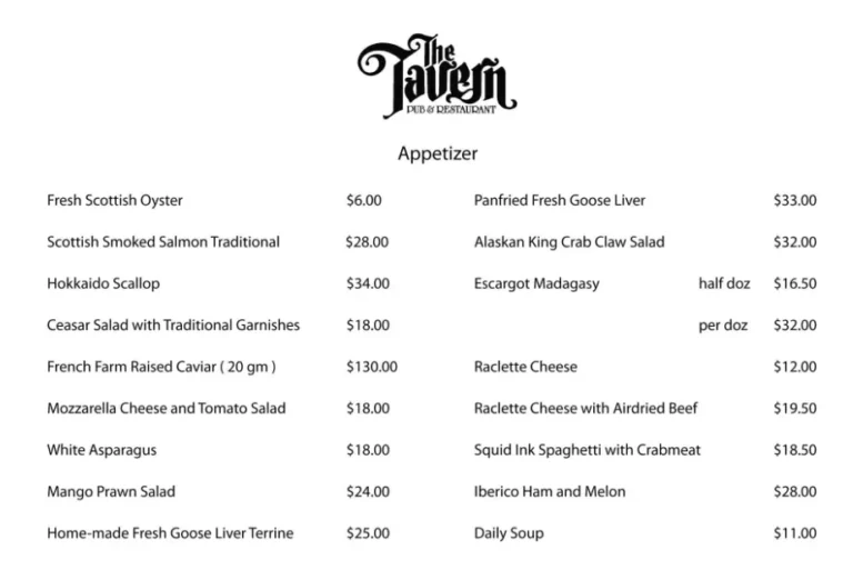The Tavern Restaurant Menu & Price List Singapore 2024