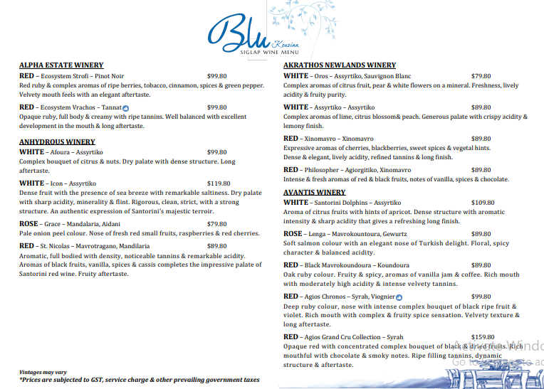 Blu Kouzina menu
