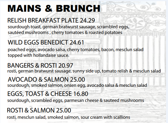 RELISH MAINS & BRUNCH MENU WITH PRICES