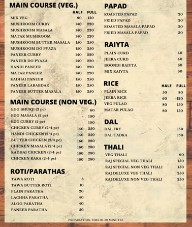 Raj Restaurant Whole Menu