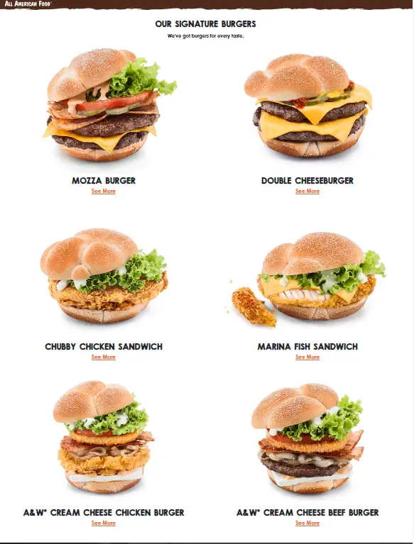 A&W Signature Burgers Menu WITH Prices