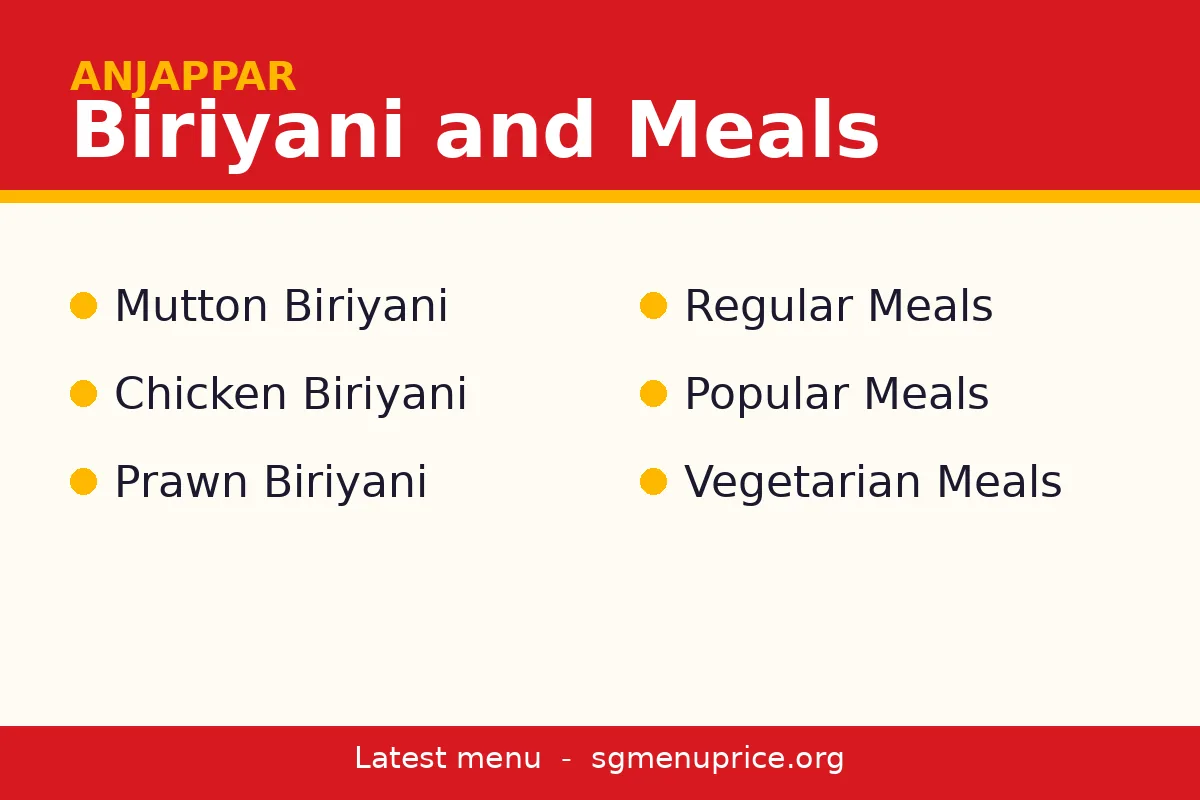 What biriyani and set meals are listed on the card?