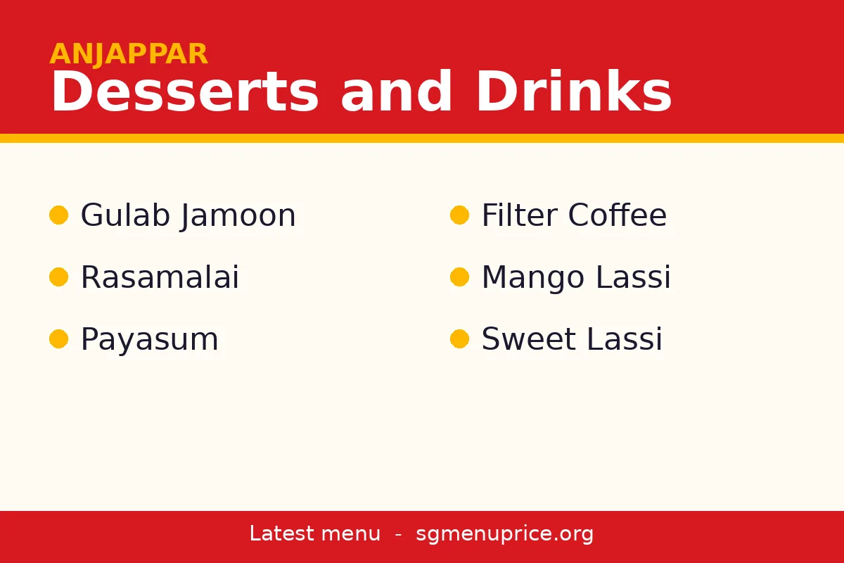 What desserts and drinks finish the Anjappar menu card?