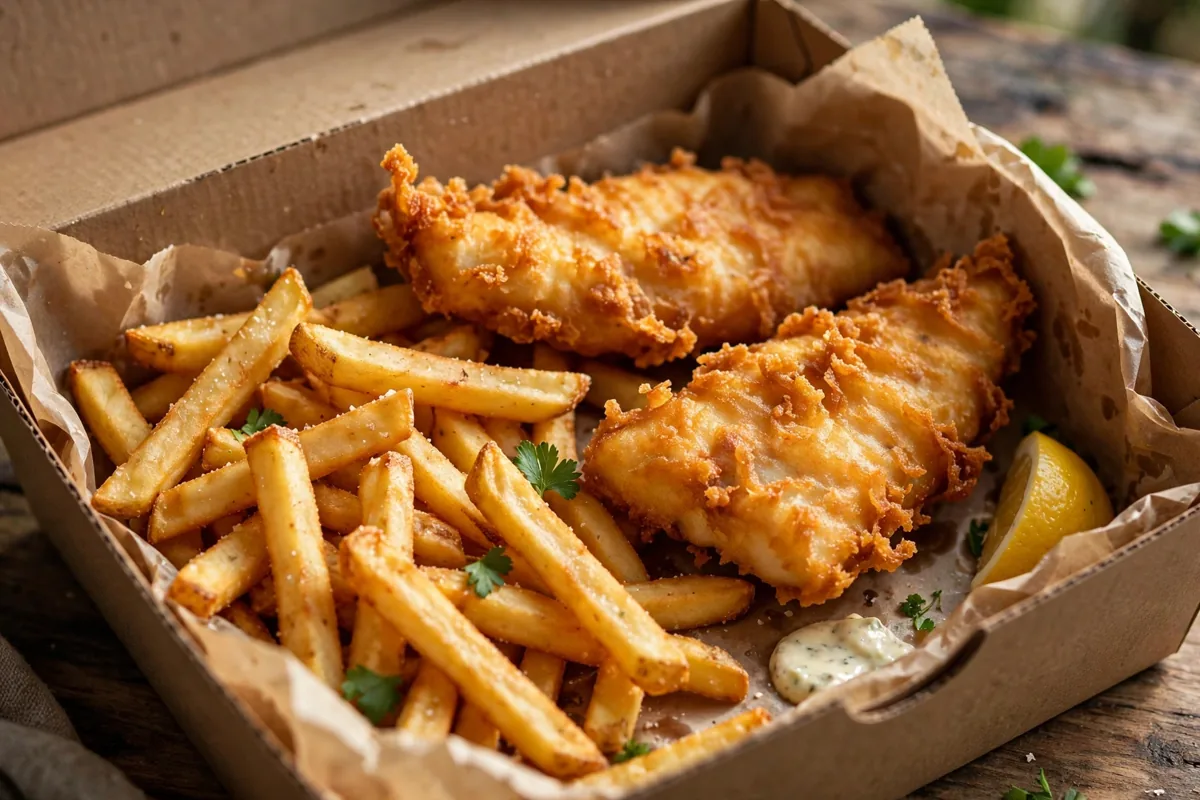 Does Botak Jones deliver? Fish and chips in a takeaway box