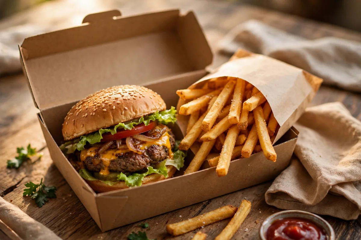 What is on the Botak Jones delivery menu? A burger with fries packed for takeaway