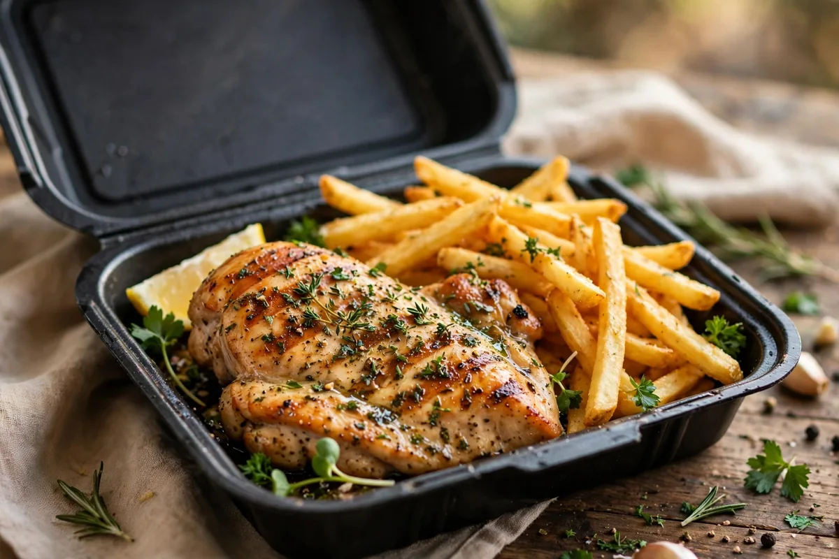 How much does Botak Jones delivery cost? A grilled chicken chop with fries in a takeaway container