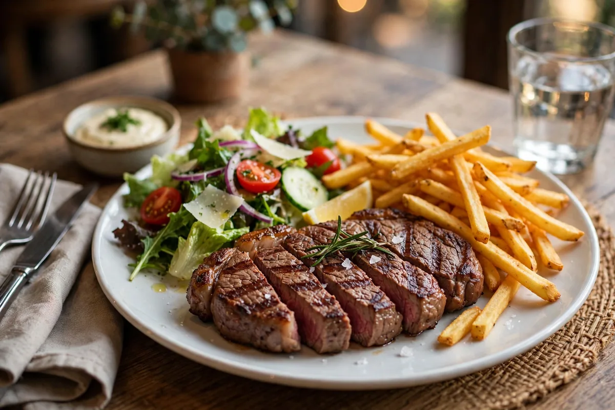 Where is the nearest Botak Jones? A grilled steak plate with fries and salad