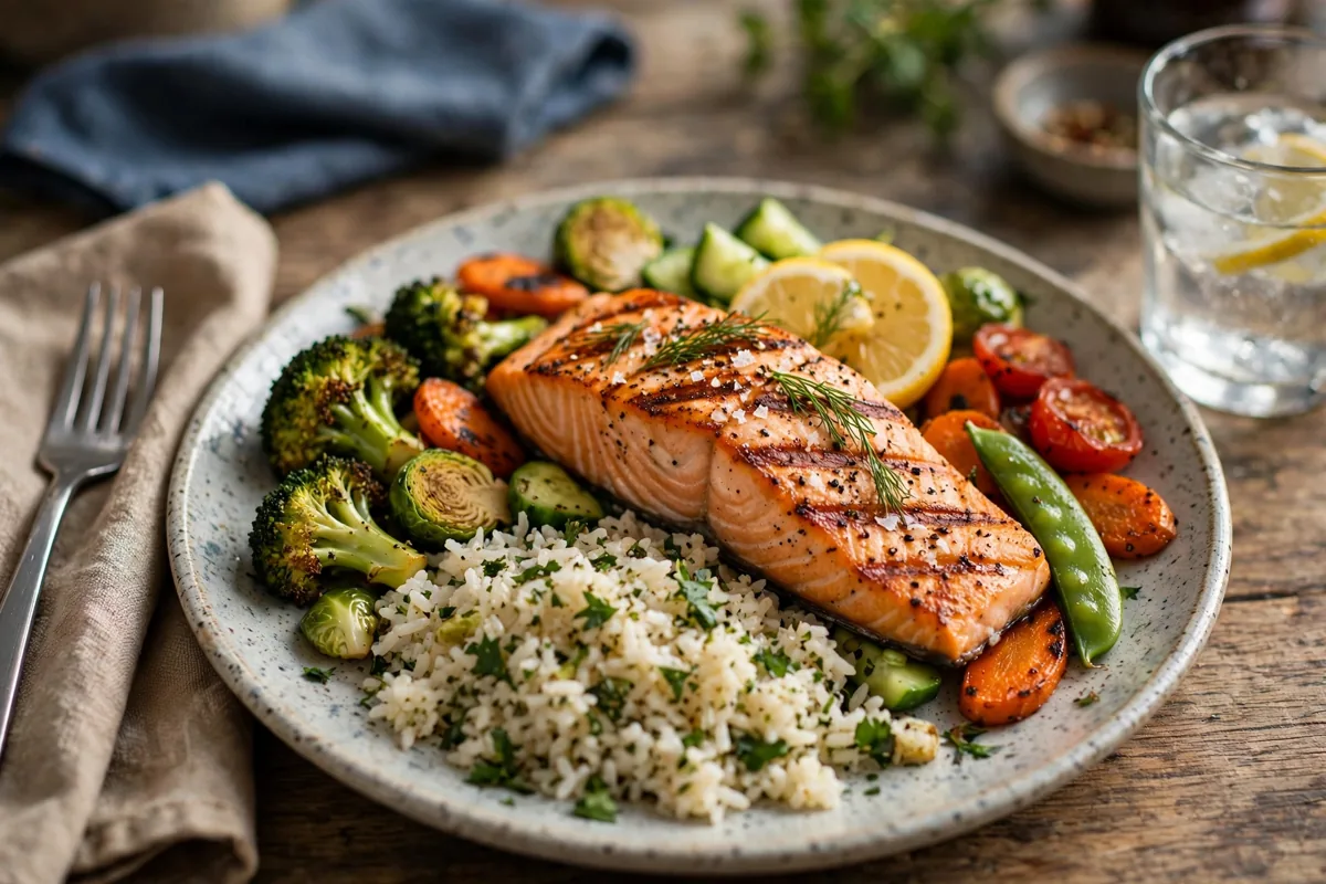 Which Botak Jones outlet should you pick? A grilled salmon plate with rice and vegetables