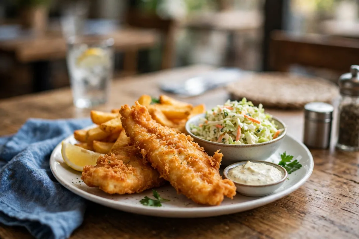What are Botak Jones opening hours? Fish and chips with coleslaw at a casual table