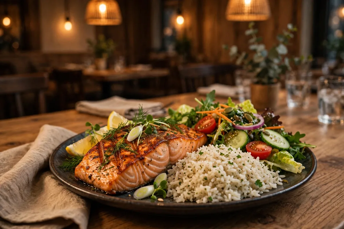 How do you catch the next Botak Jones promo? A grilled salmon plate with rice and salad