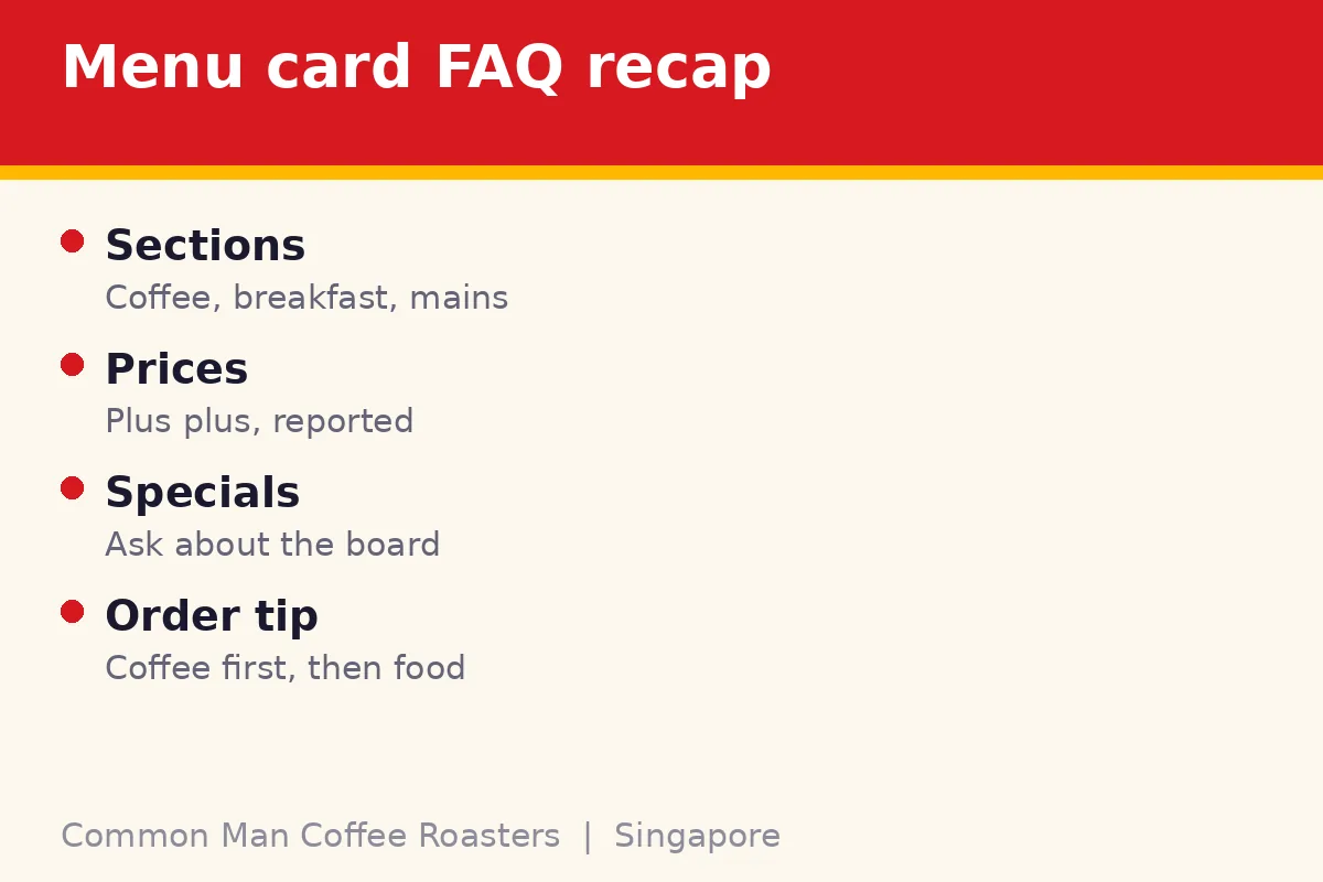 Common Man Coffee Roasters menu card FAQ
