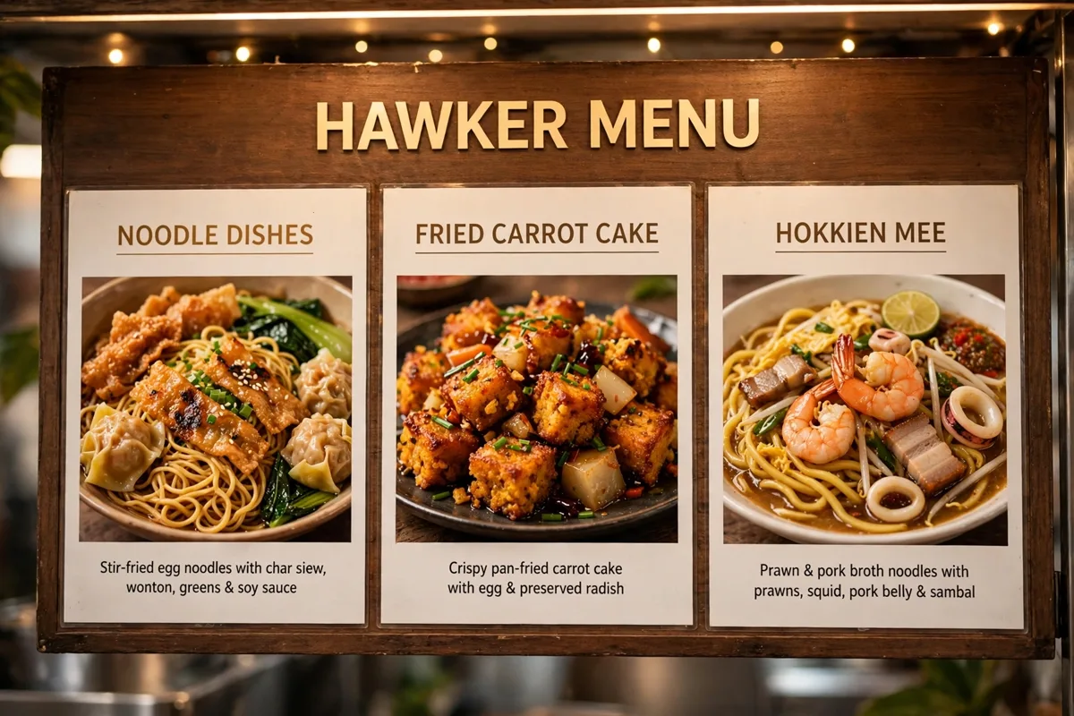 What dishes appear on a typical FoodFare stall menu card?