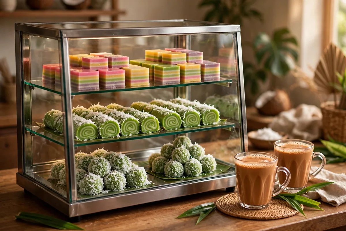 What desserts and drinks are on the Hjh Maimunah menu card?