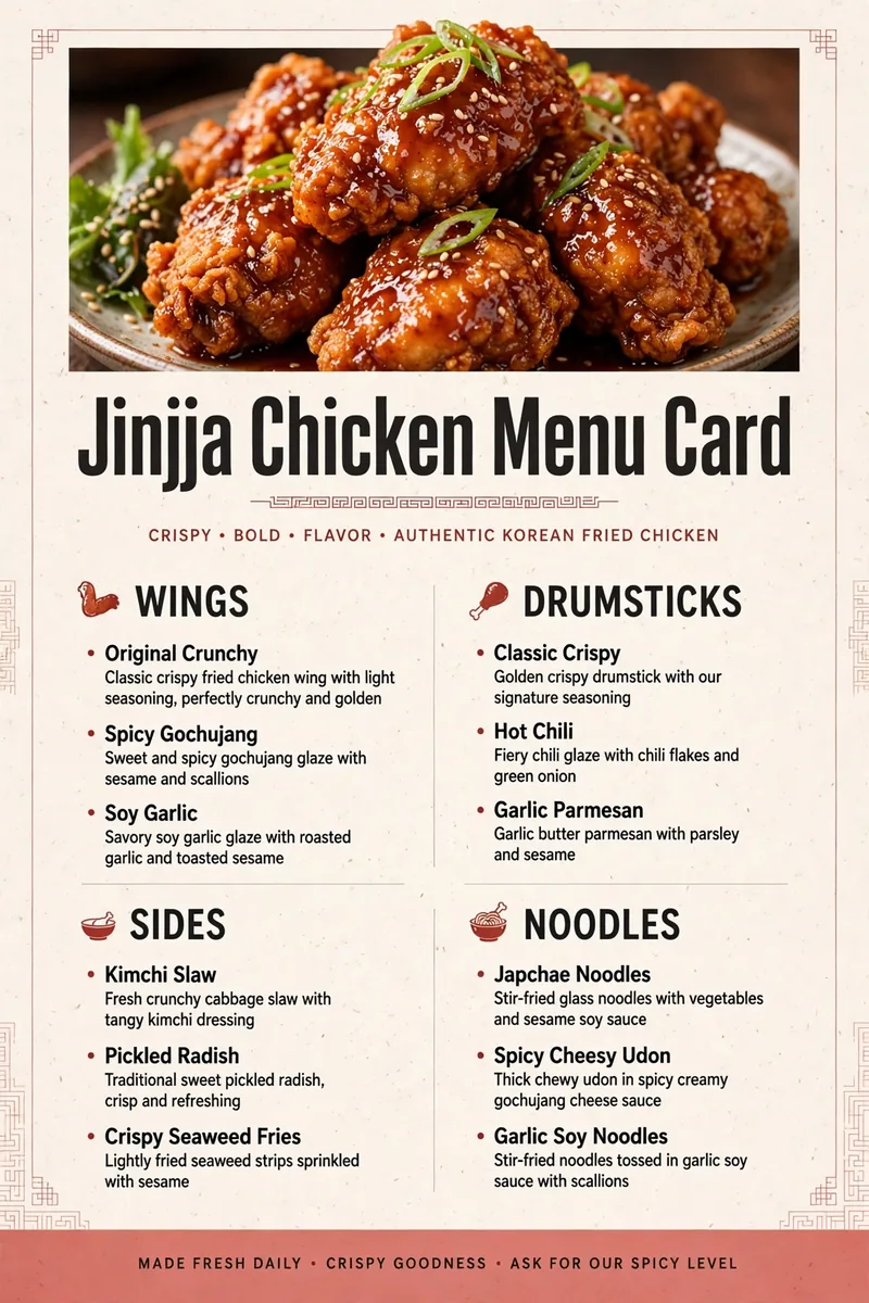 Jinjja Chicken Menu Card