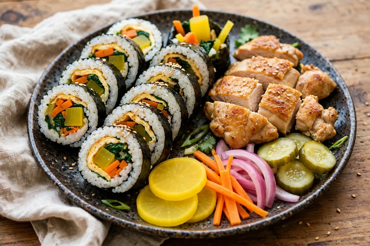 Kimbap, noodles and rice bowls