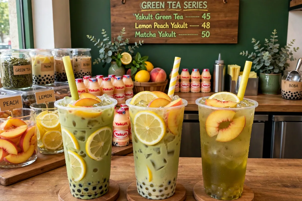 What is on the Fresh Tea, Osmanthus, Yakult and Mango cards?