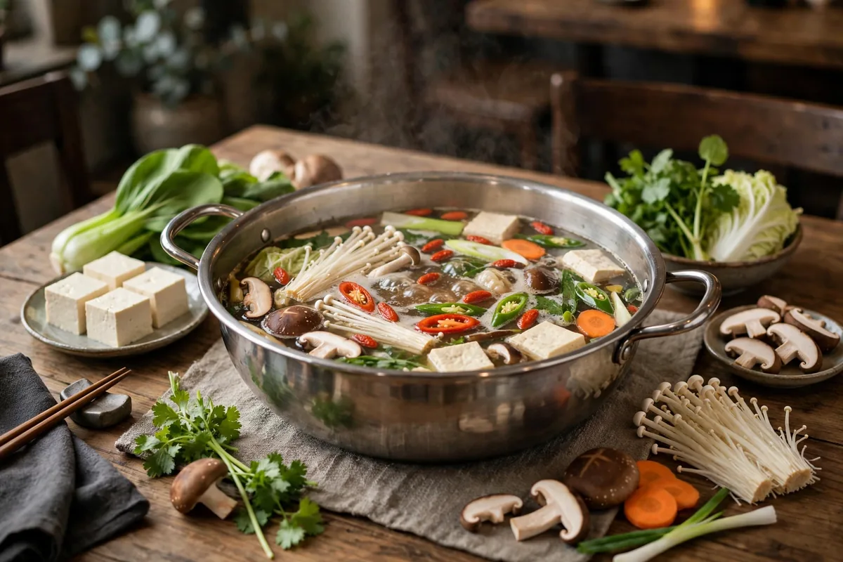 Is Beauty in the Pot halal certified? A hotpot pot with vegetables and tofu
