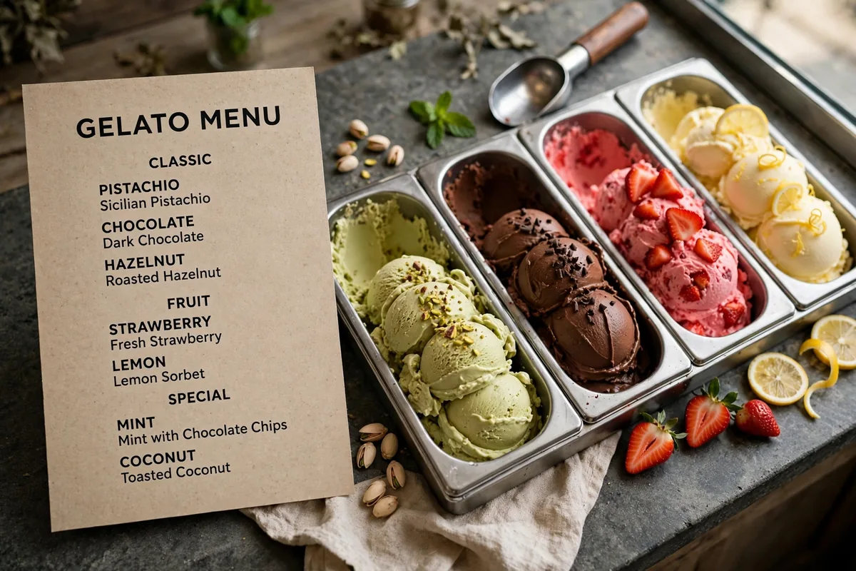 What does the Birds of Paradise menu card show? A gelato menu card beside gelato tubs
