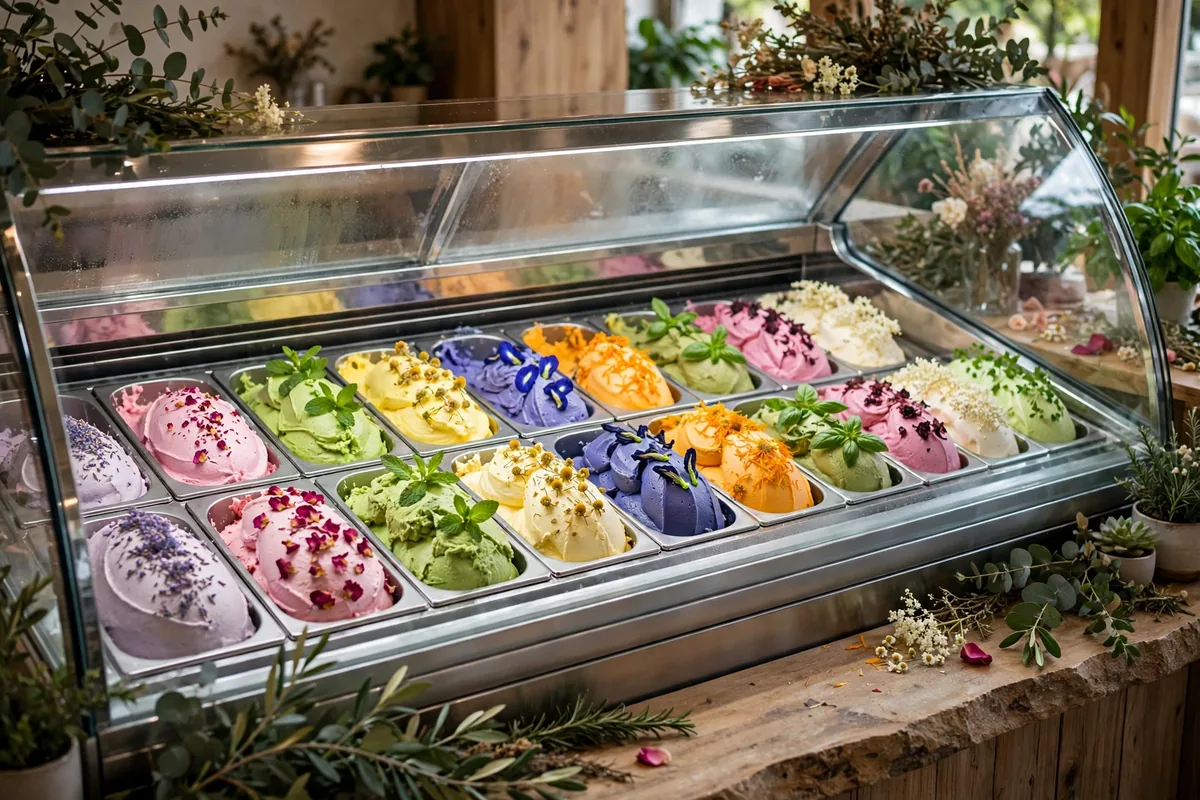 What is on the Birds of Paradise menu? A gelato display case with botanical flavours